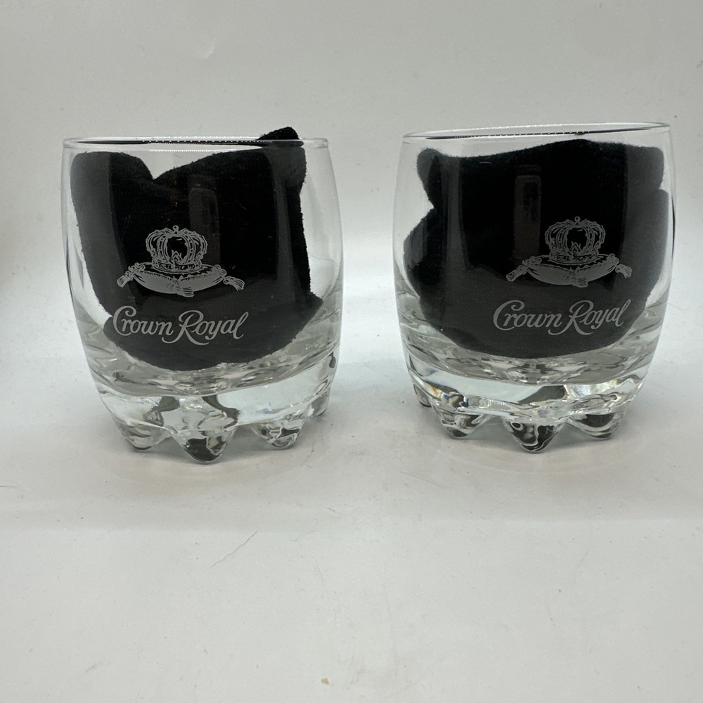 2 Crown Royal Whiskey Rocks Glasses Heavy Bottom Made In Italy Set 8 Point Vint.